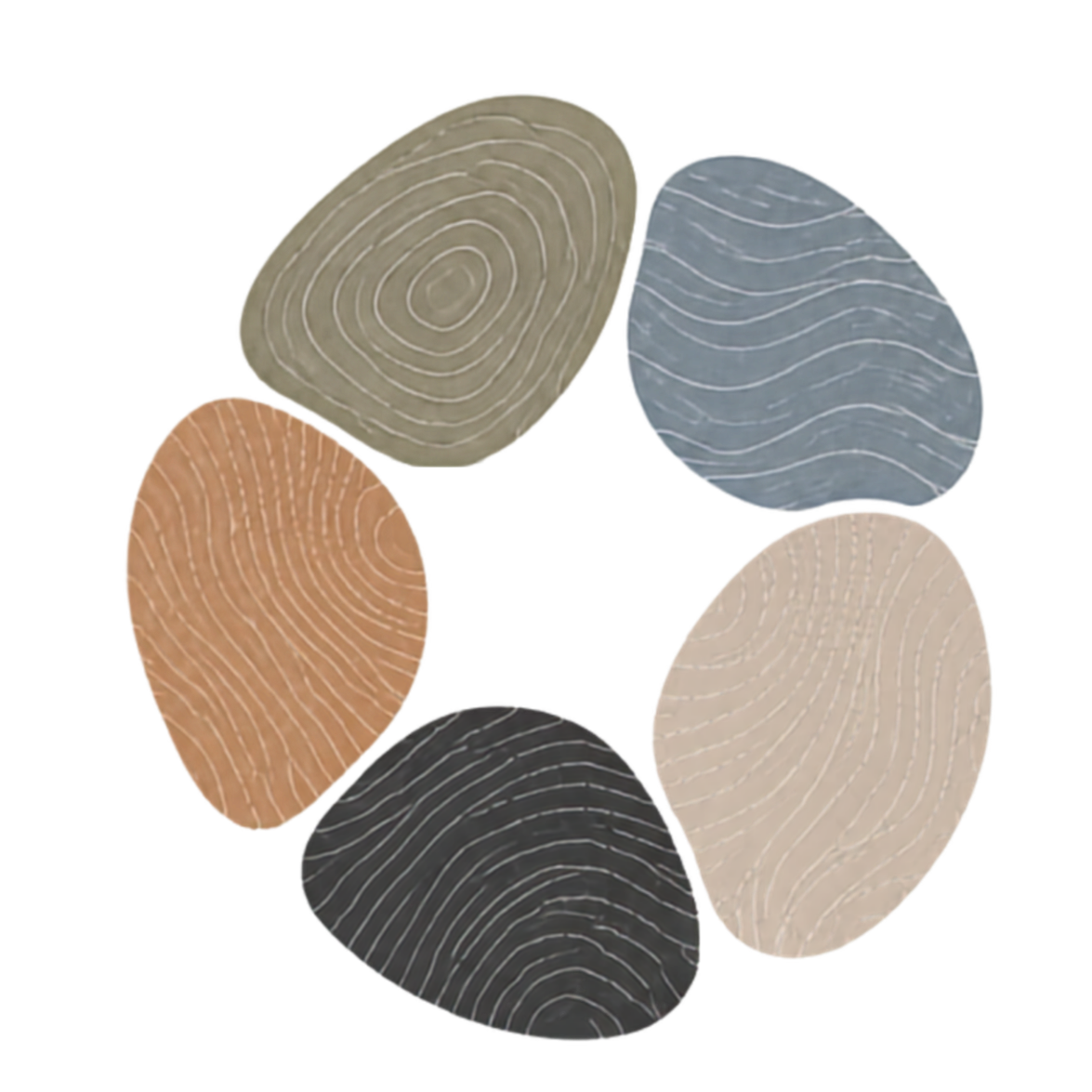 Six oval-shaped objects with wood grain patterns in different colors—green, blue, tan, beige, reddish-brown, and black—arranged in a circle.
