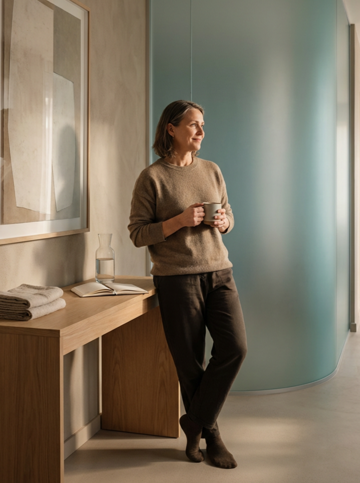 A woman standing in a modern indoor space, holding a mug, looking out a window with natural light.