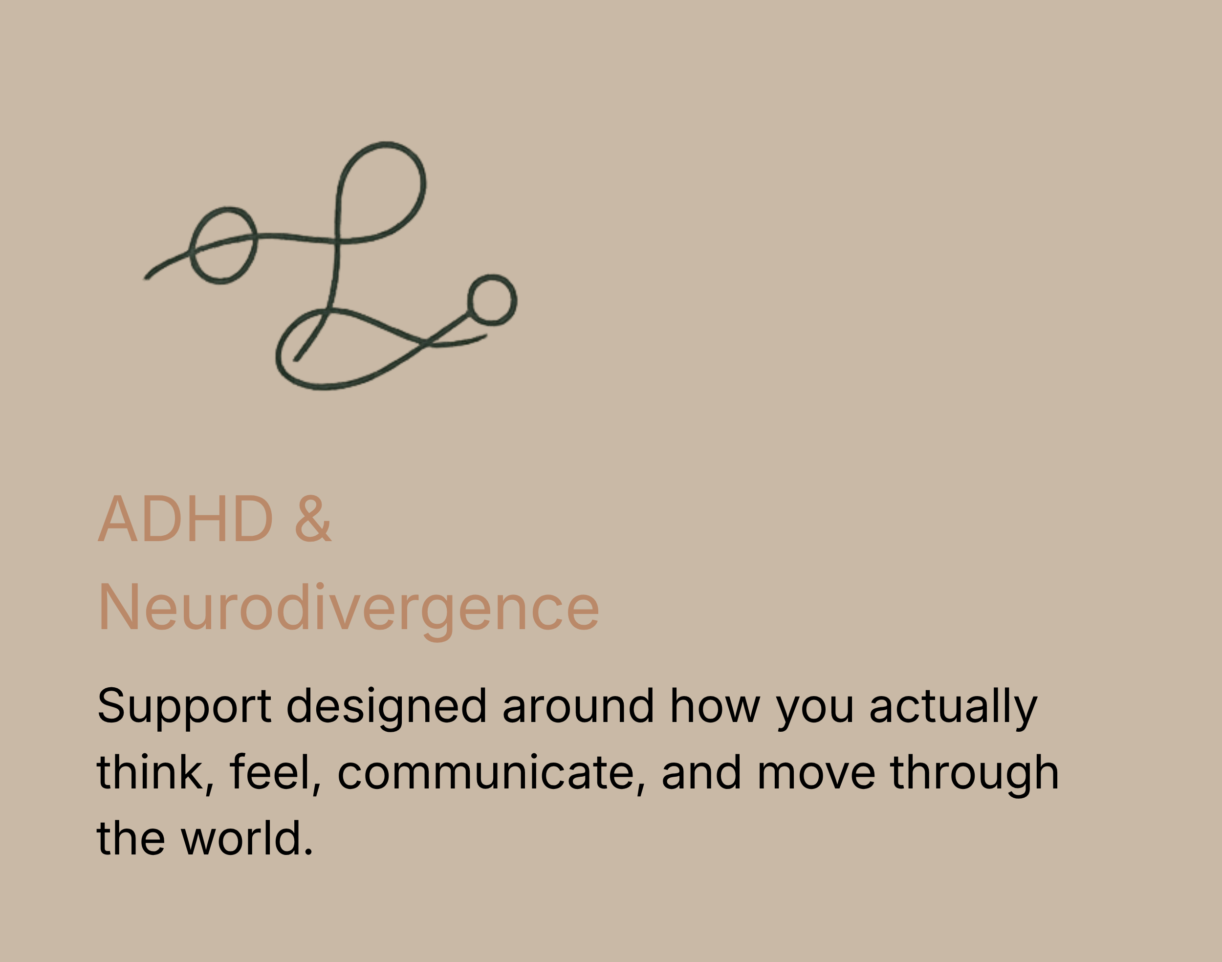 Text about ADHD and neurodivergence on a beige background, with a black line drawing of a flexible wire