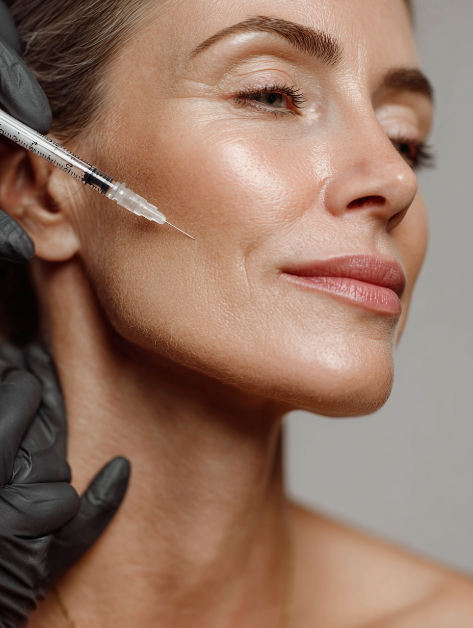Close-up of a woman receiving a cosmetic injection in her cheek from a healthcare professional wearing black gloves.