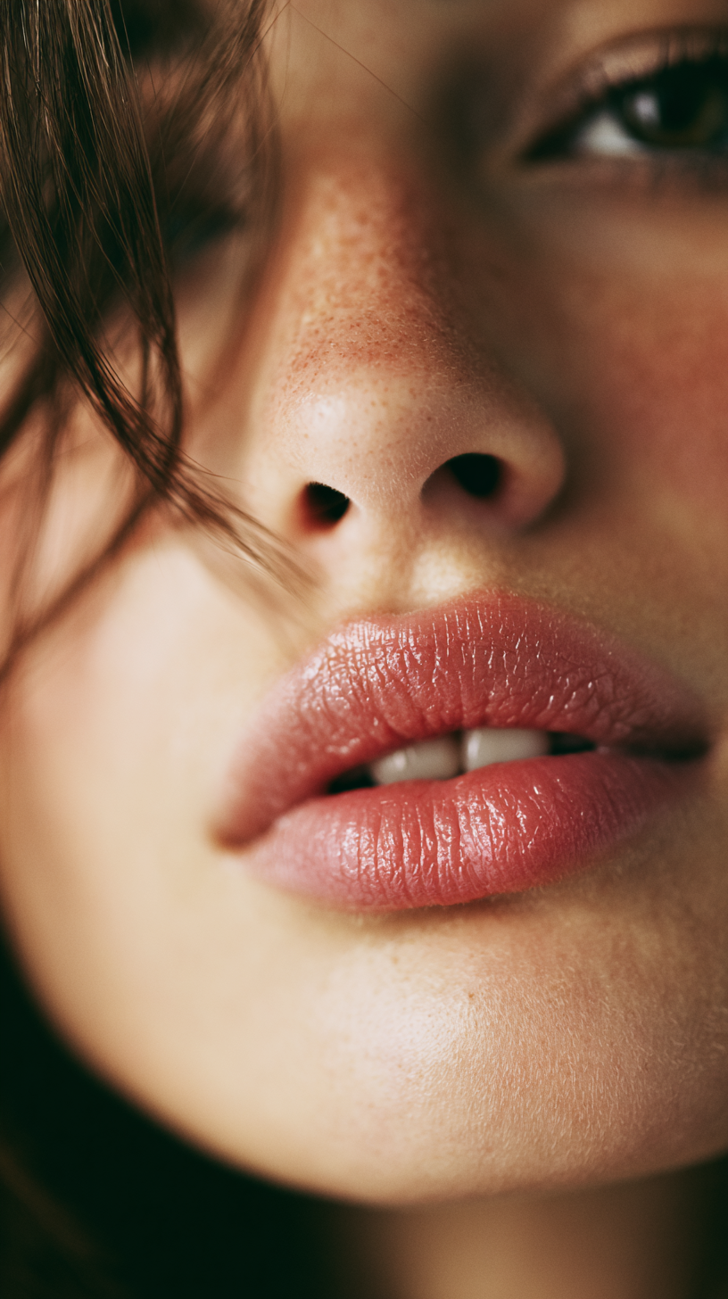 Close-up of a woman's face showing her full lips, part of her nose and eye, with her skin having freckles and smooth texture.