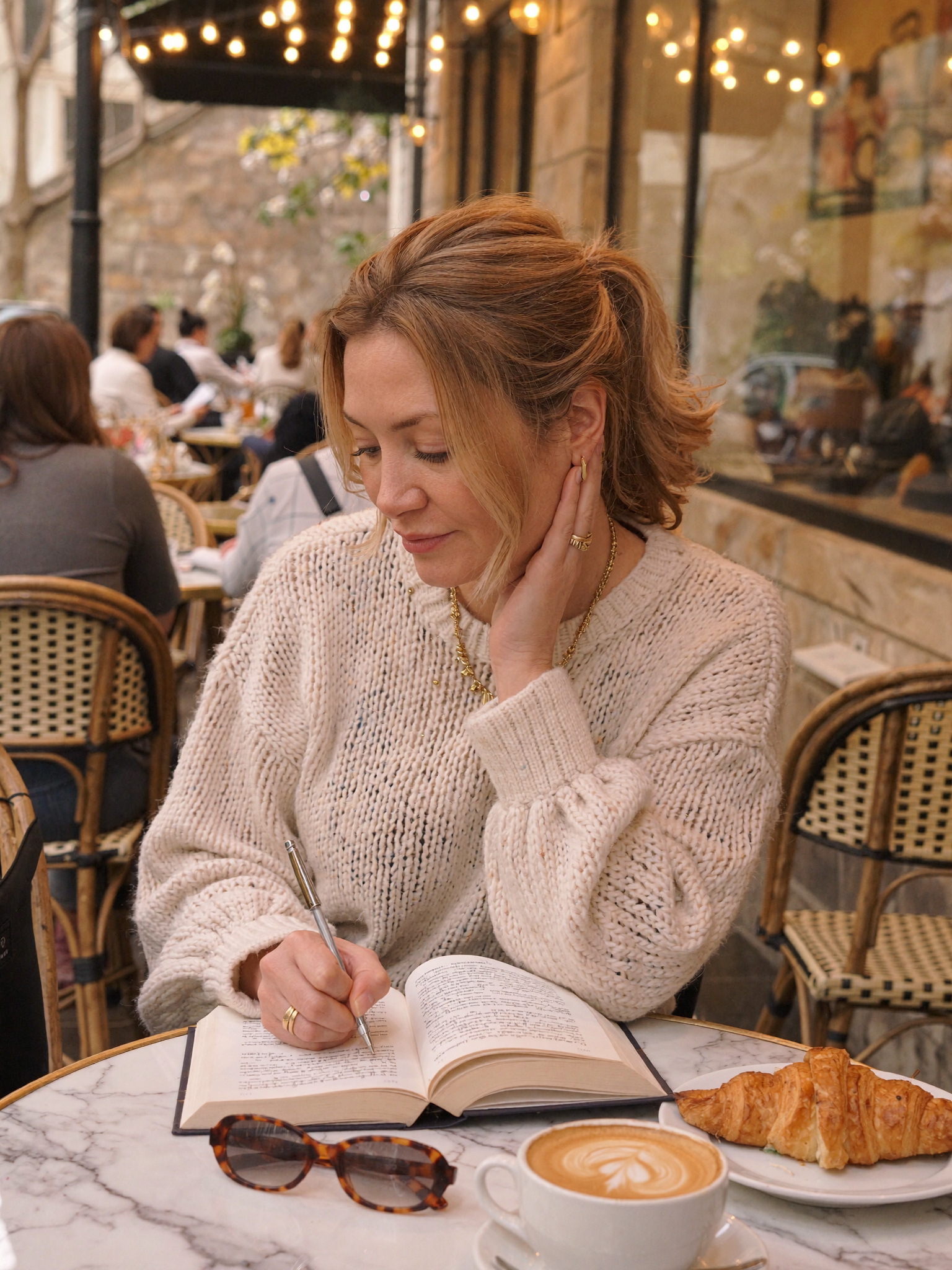 Heather Hartsock, owner of NORRENNE writing in a journal at a cafe.
