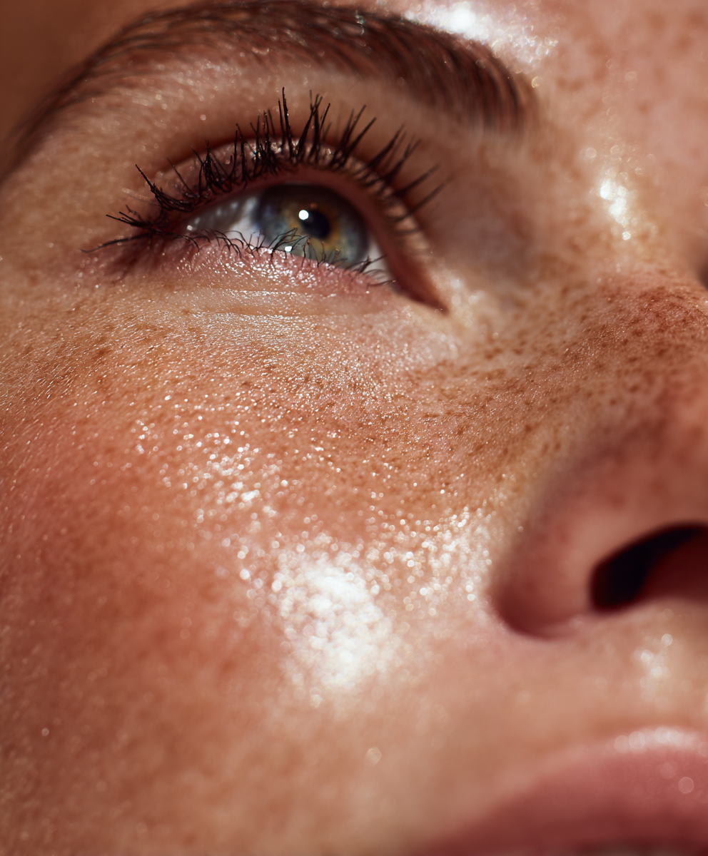 Close-up of a person's face, showing a blue eye, eyelashes, nose, and skin with freckles and a dewy appearance.