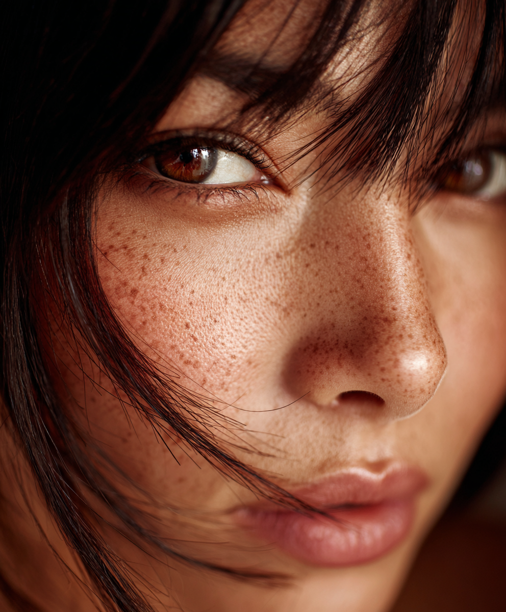 Close-up of a woman's face showing her eye, nose, lips, and freckles, with dark hair partially covering her face.