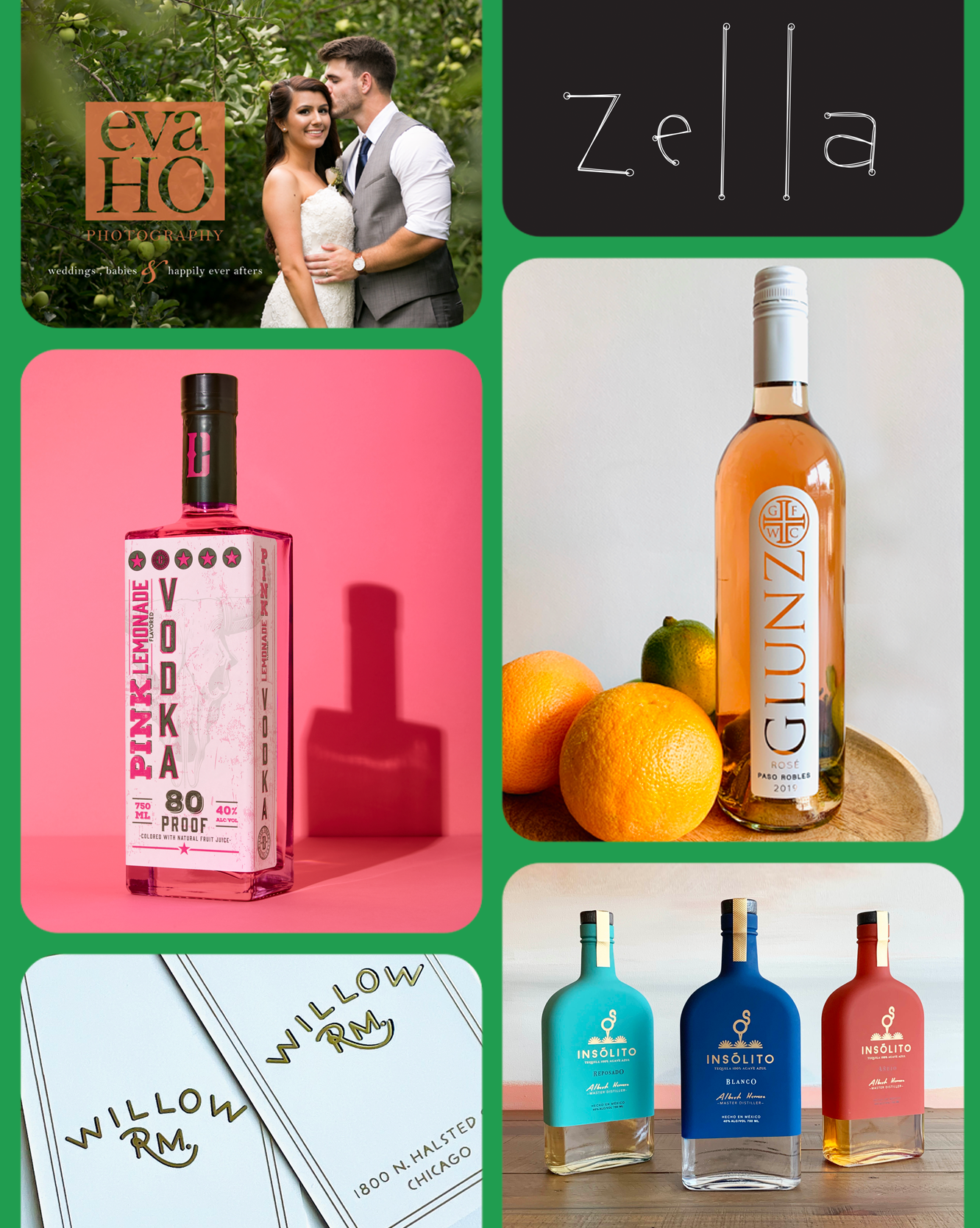 Collage of various design items: Logo Design, Brand Identity Design, Packaging Design.