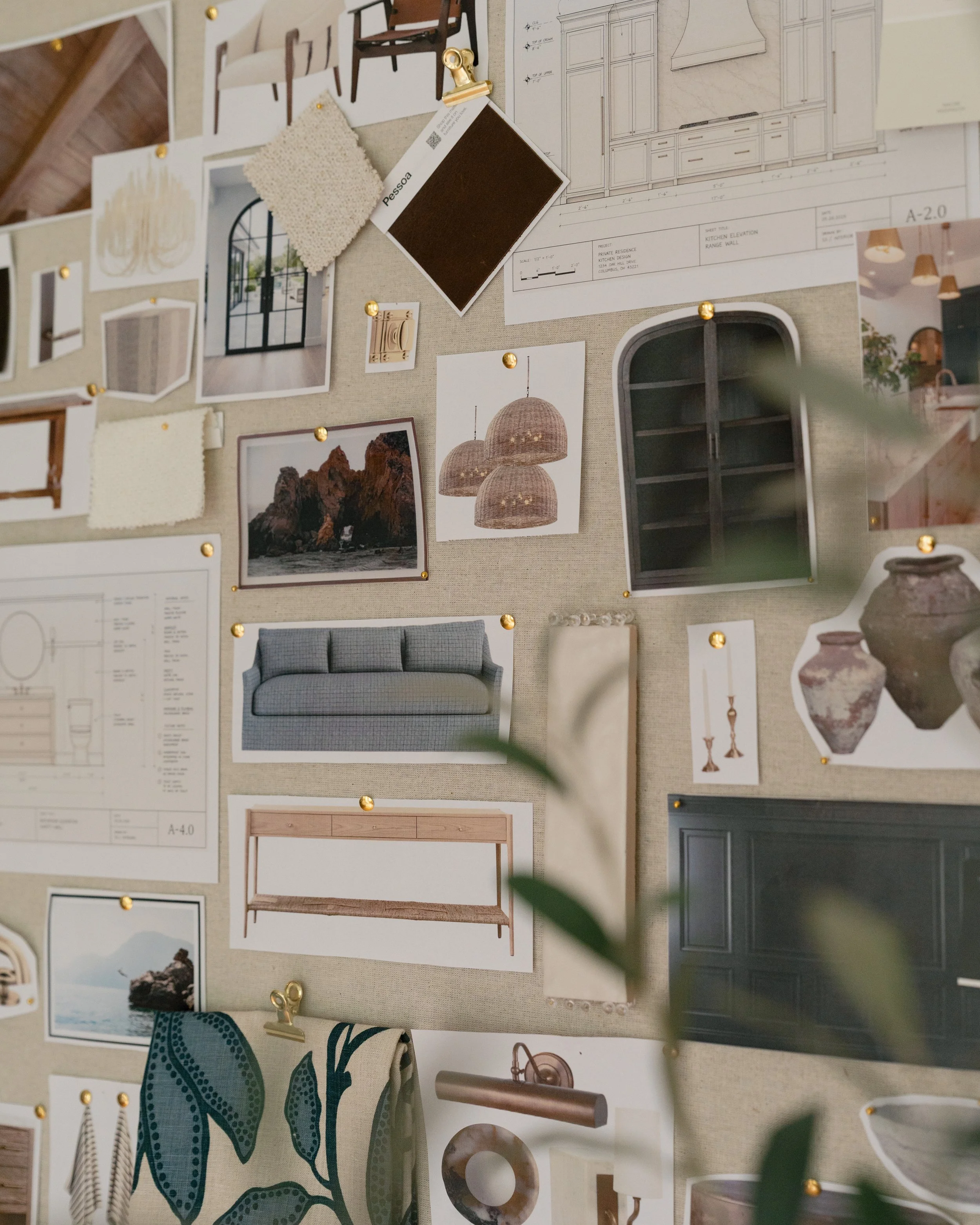 Design mood board featuring furniture, interior layouts, lighting fixtures, and decorative items for a home renovation project.