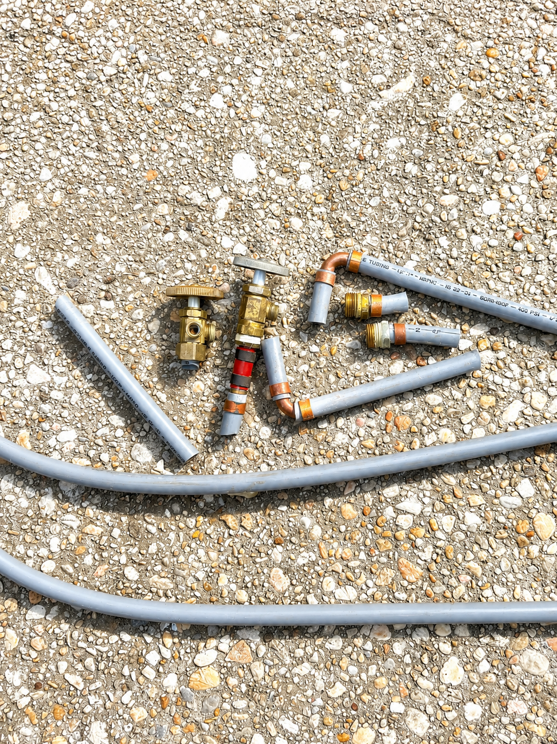 Old gray polybutylene pipes and fittings removed during a whole-home repiping project in Pensacola, Florida
