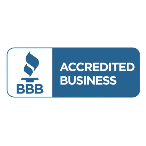 BBB Accredited Business logo with flame symbol and blue background