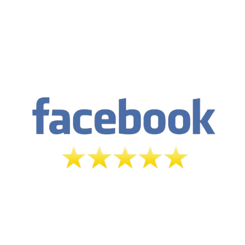 Facebook logo with a five-star rating below it.