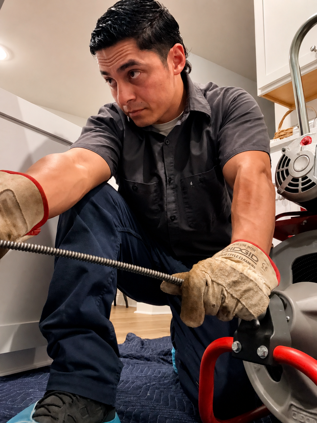 Shoreline Plumbing technician augering and clearing a clogged drain beneath a sink in Pensacola, Florida