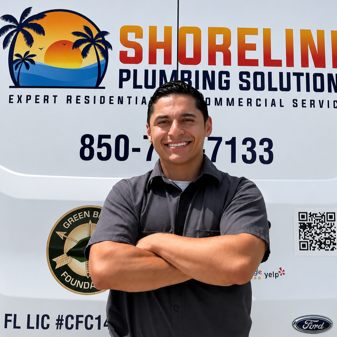 Pensacola owner in front of equipment and trucks