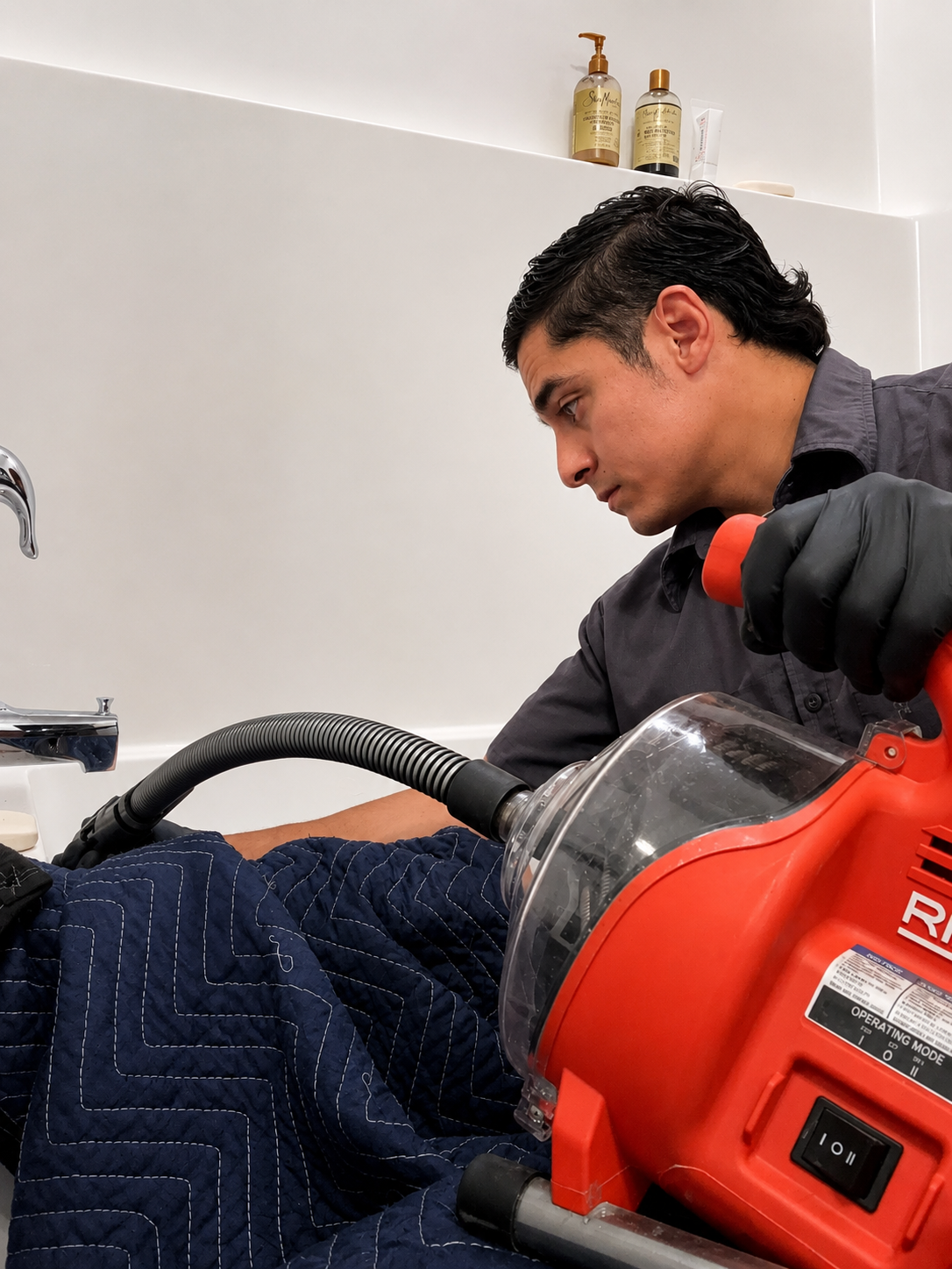 Licensed plumber using a drain-cleaning machine to clear a clogged bathtub or shower drain in Pensacola, Florida