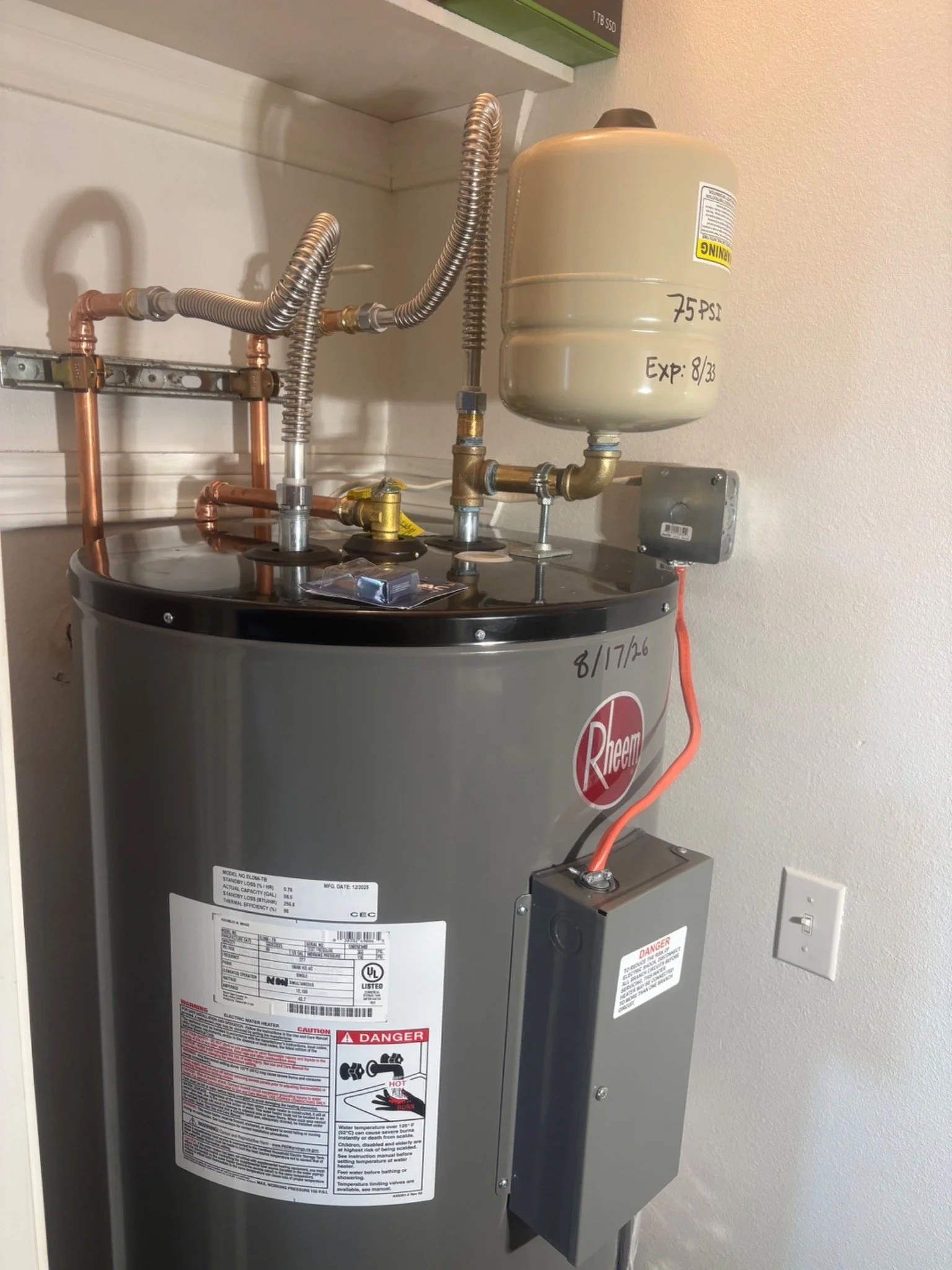 Rheem water heater with expansion tank and new plumbing installed in Pensacola, Florida