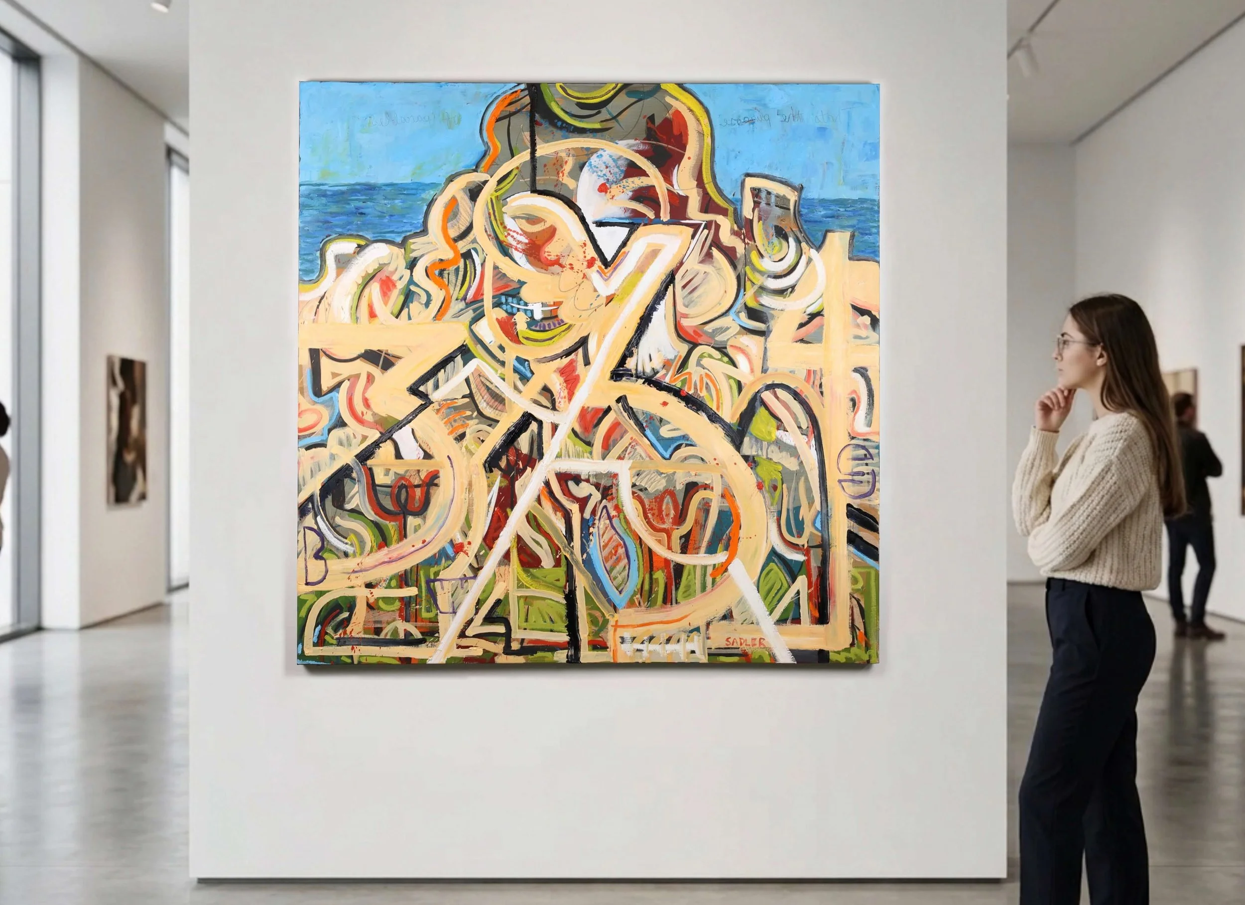 Colorful abstract painting on a gallery wall with a woman in a cream sweater and glasses viewing it thoughtfully.