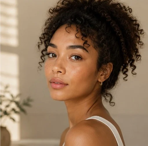 A woman with curly hair and light brown skin looking at the camera with a neutral expression, wearing a white spaghetti strap top.