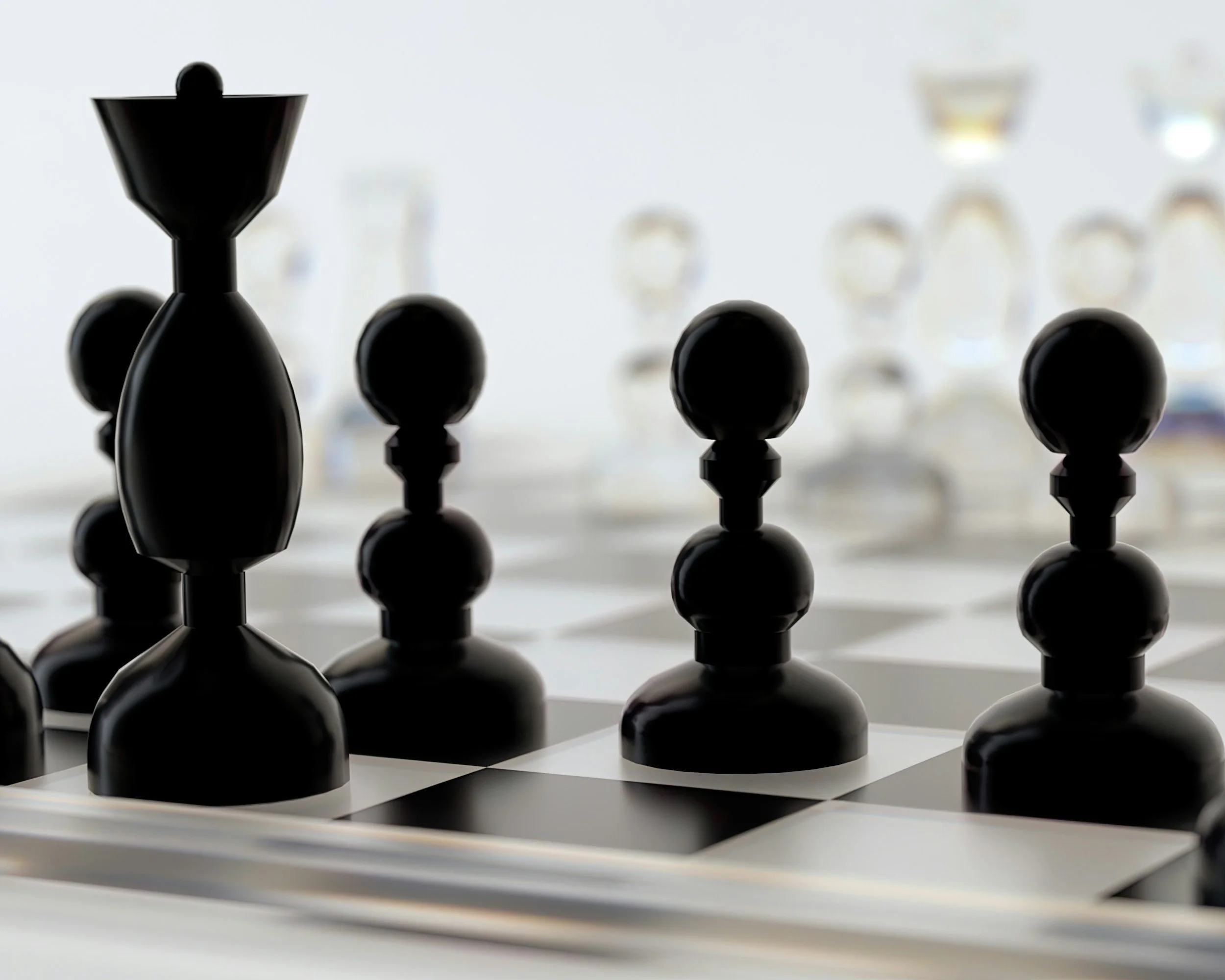 Black and white chess pieces arranged on a chessboard with a focus on the black king and pawns in the foreground.