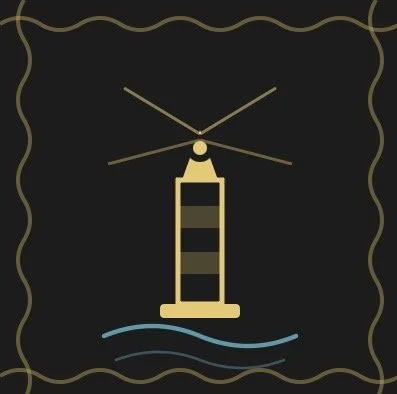 A lighthouse depicted with a striped pattern, two crossing lines above it, and wavy lines below, all within a decorative border.