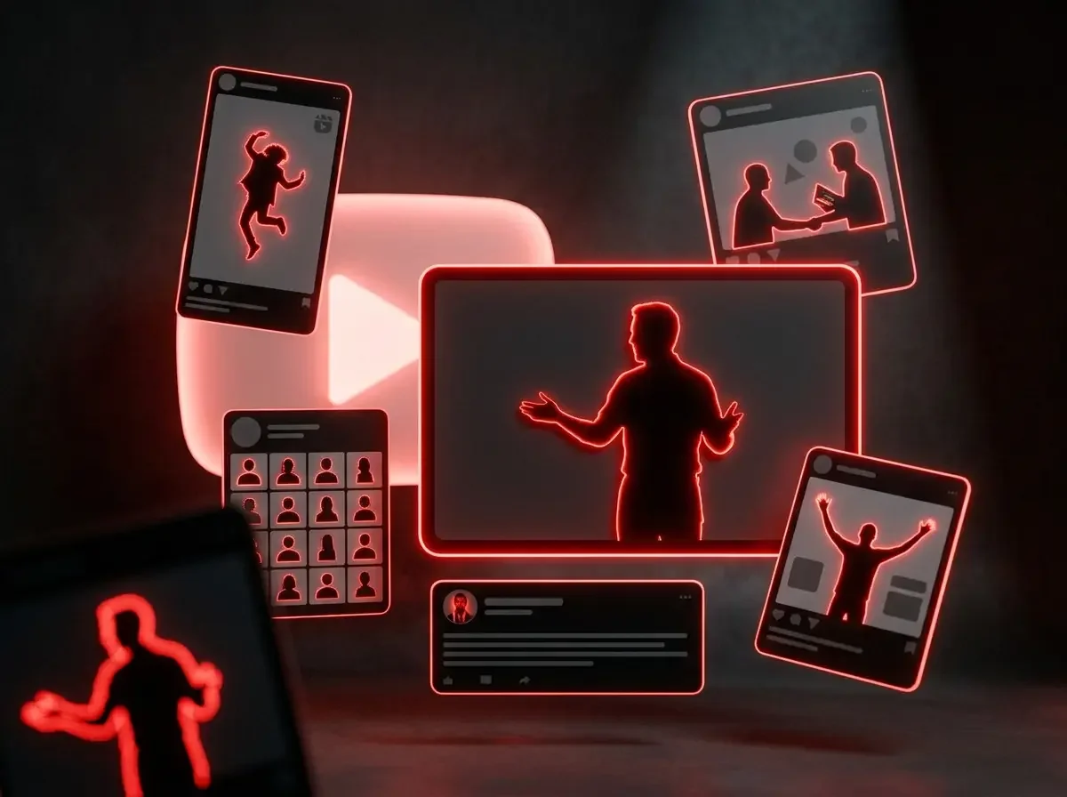 Digital illustration showing multiple social media posts and icons with red neon outlines, centered around a person giving a presentation.