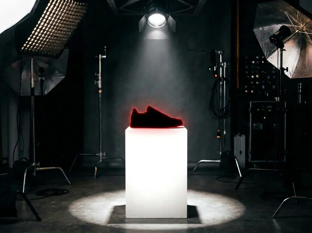 A sneaker is displayed on a white pedestal in a photography studio with professional lighting and equipment.