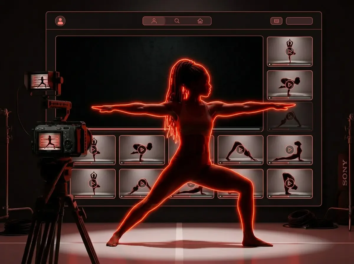 A woman performing yoga in front of a large digital screen with video thumbnails of yoga poses, highlighted with red neon lighting, with a camera capturing the scene and studio equipment present.