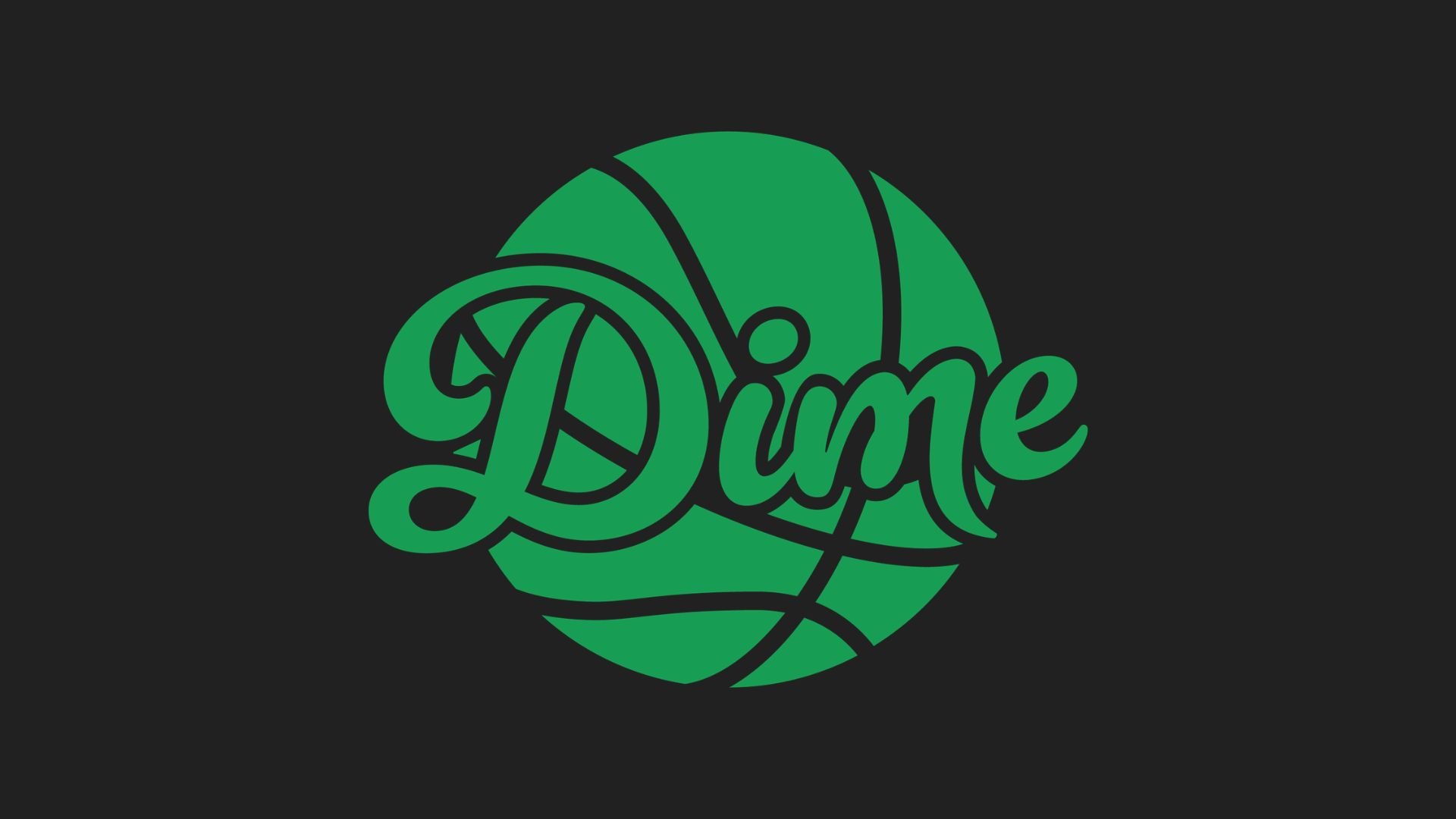 A black background with a green circular logo featuring the word 'Dime' in stylized script over a graphic of a basketball.