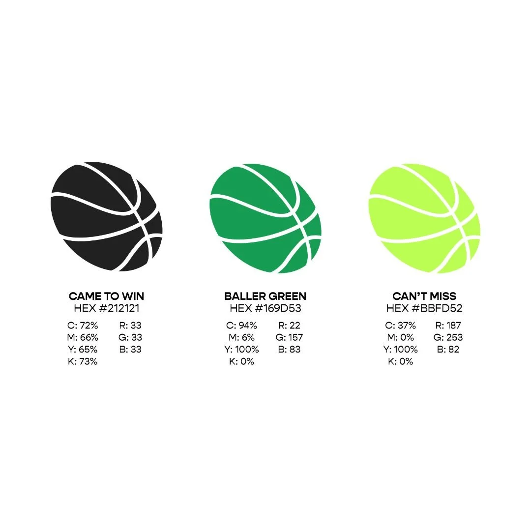 Three colorized basketball illustrations with color codes, names, and color profiles labeled 'Came To Win,' 'Baller Green,' and 'Can't Miss.'