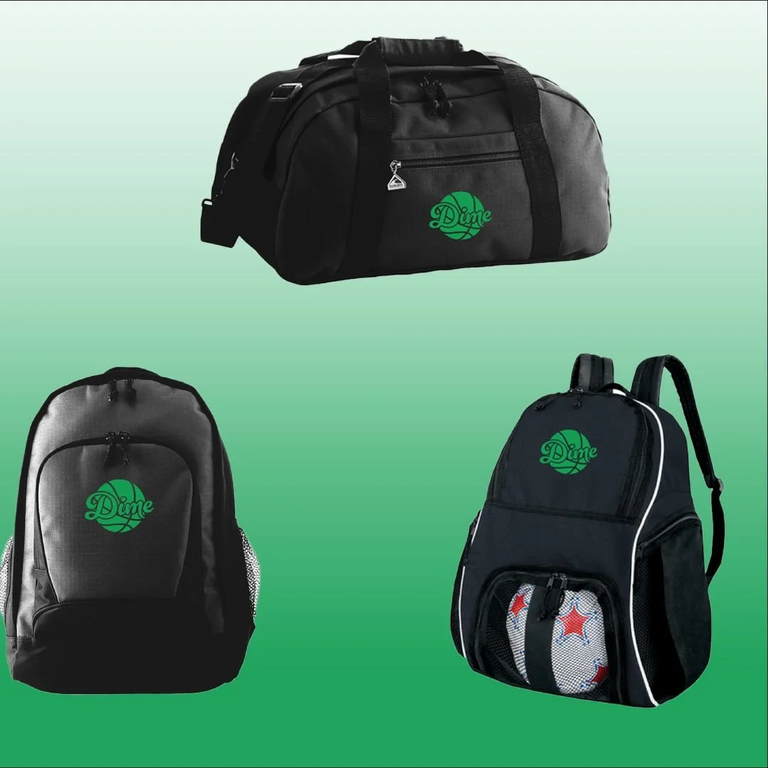 Three black sports duffel and backpacks with green 'Dime' logos, set against a gradient green background.