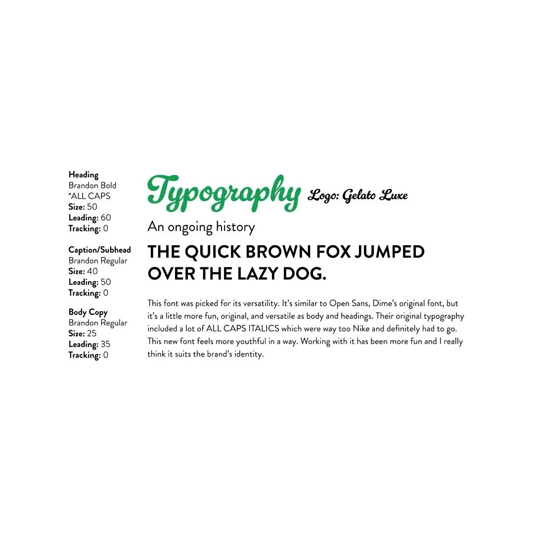 A design guide page featuring sample typography fonts and styles, including headings, caption, and body copy, with descriptions and font details.