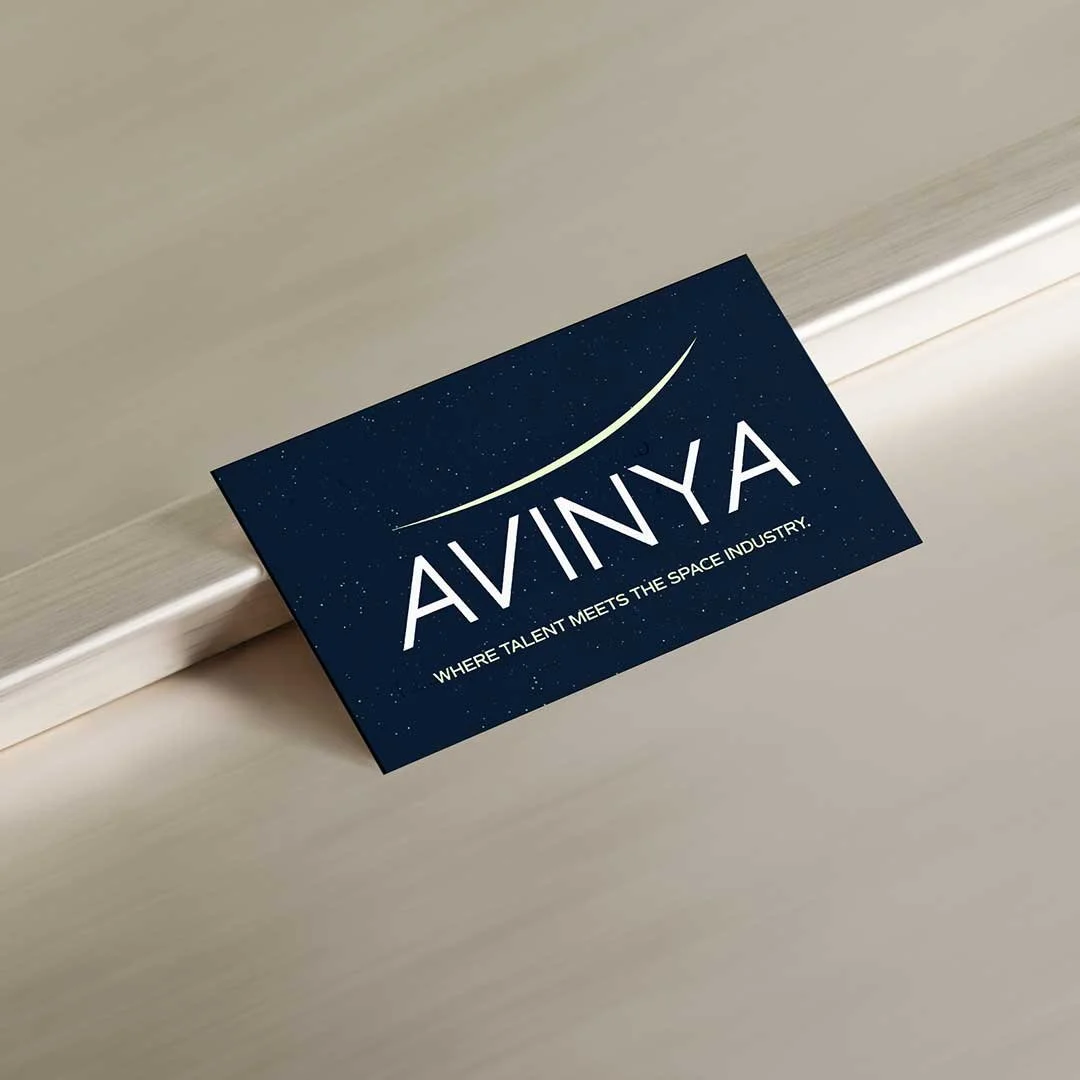 Business card for AVIN YA with a space-themed design and tagline 'Where Talent Meets the Space Industry'.