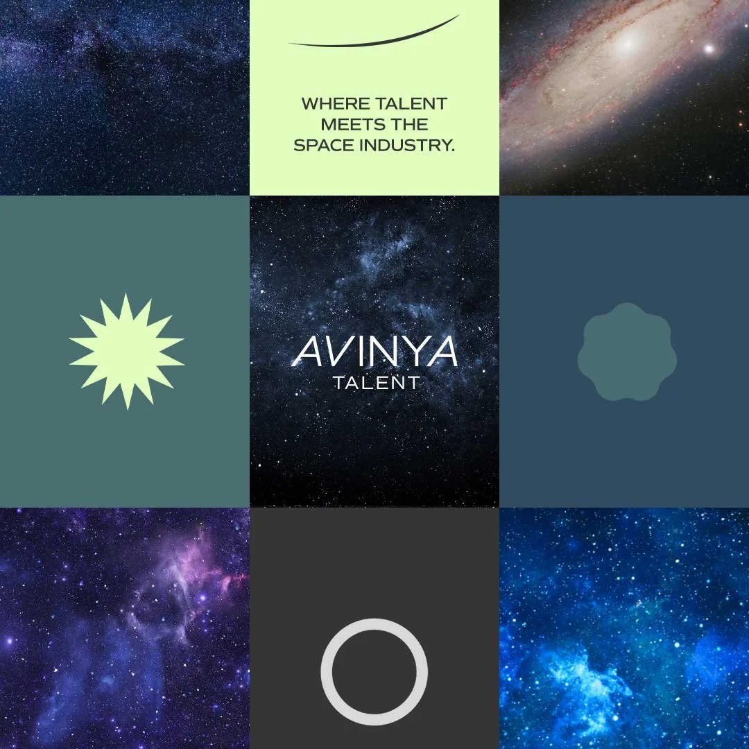 A collage of nine squares featuring space-themed images, abstract designs, and the central text 'AVINYA TALENT' on a starry background, with phrases 'WHERE TALENT MEETS THE SPACE INDUSTRY' and various abstract symbols.
