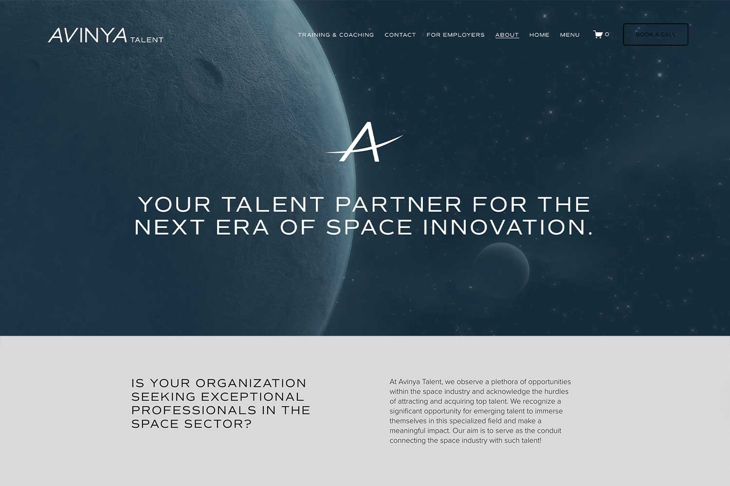 Screenshot of a space-themed website homepage for Avinya Talent, featuring a large image of Earth from space with stars in the background, a navigation menu, and a headline: "Your talent partner for the next era of space innovation."