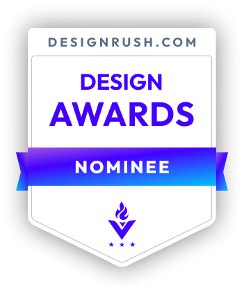 An award emblem with the text "Design Awards Nominee" and "Designrush.com" at the top, featuring a purple color theme and a flame icon at the bottom.