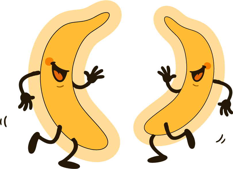 Two animated banana slices with smiling faces, arms, and legs appear to be dancing or jumping.