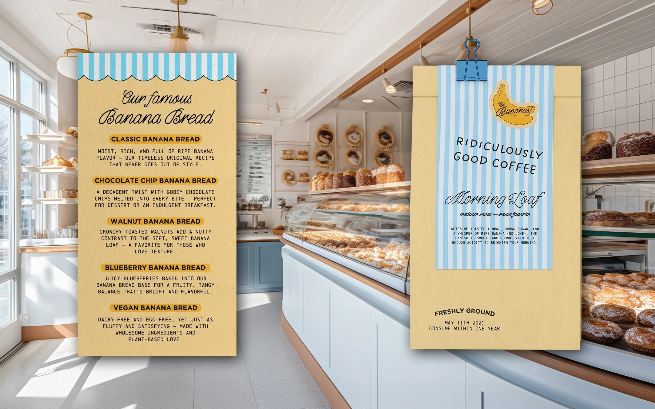 Interior of a bakery with two large signs highlighting banana bread varieties and a display case filled with baked goods. One sign advertises different types of banana bread, and the other promotes coffee and morning loaf. There are shelves with baked goods and a window letting in natural light.