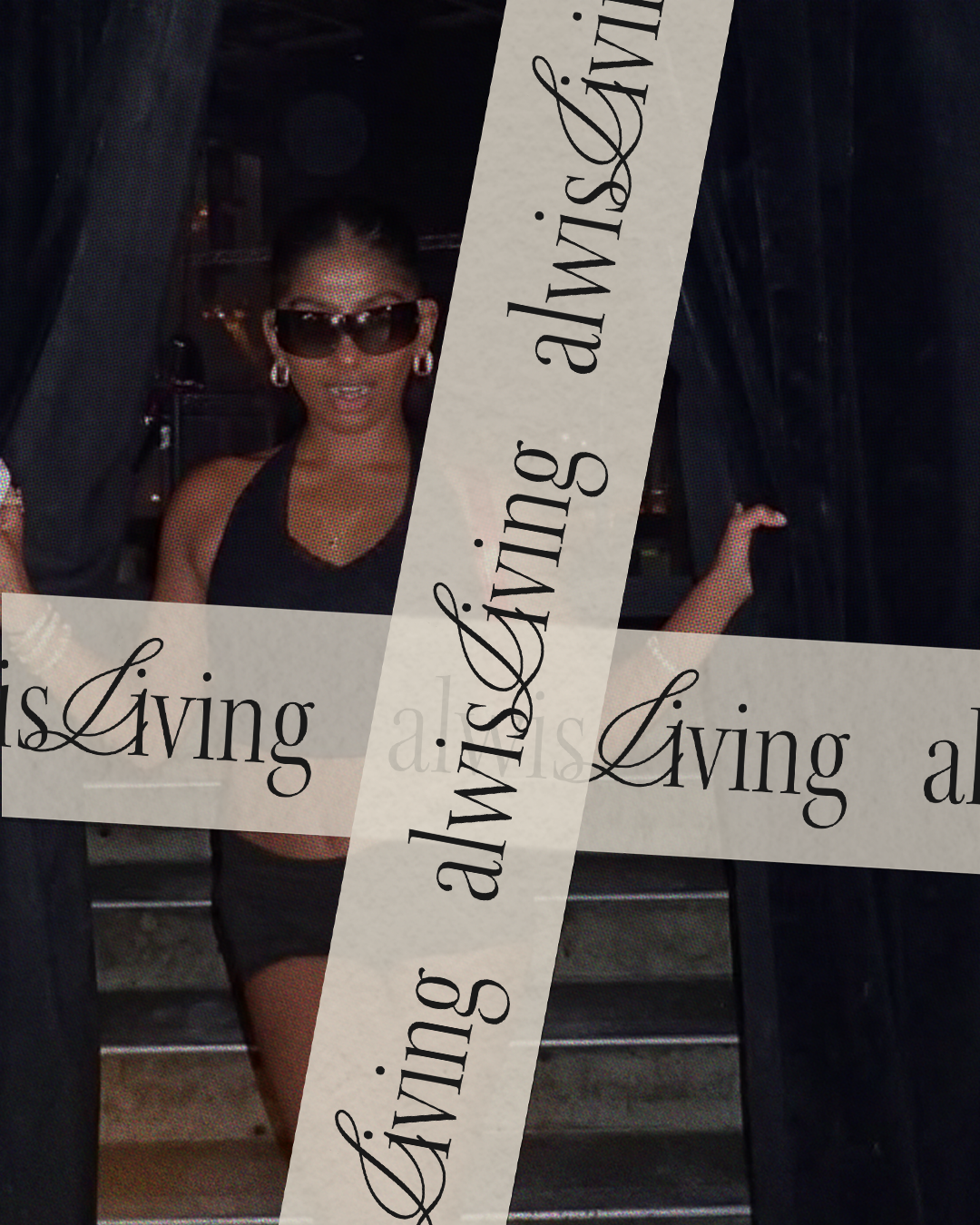 Woman wearing sunglasses, earrings, and a black outfit standing on a staircase, behind a barrier with 'Living' and 'ans' written on it.