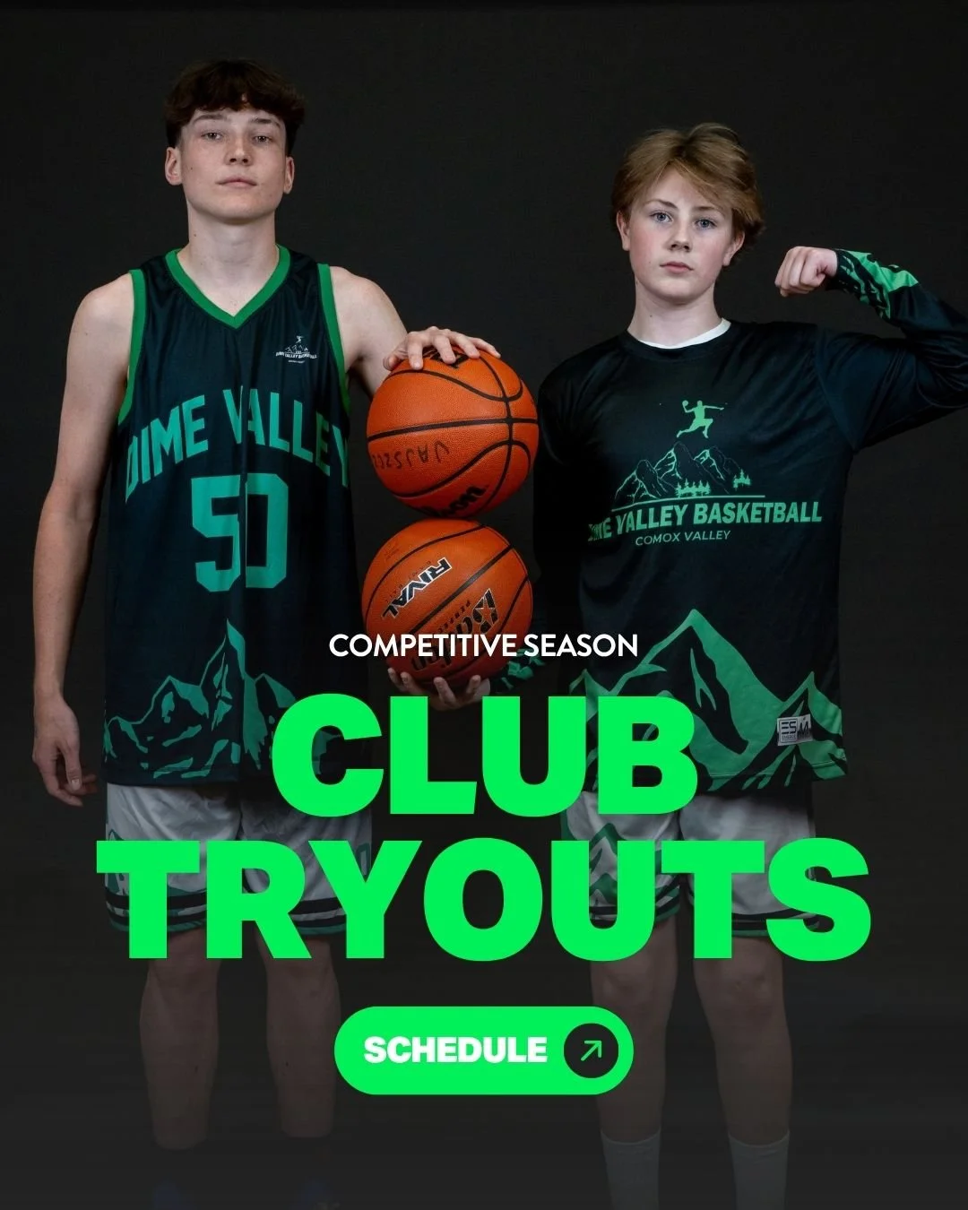 Two young male basketball players pose for a photo in their team uniforms with basketballs, promoting club tryouts and schedule information.