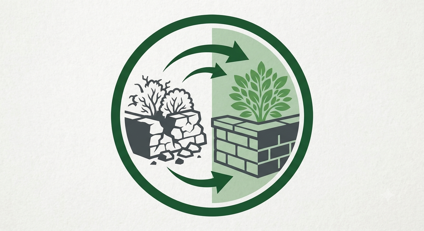 Diagram showing the cycle of old plants becoming compost and then new plants growing from the compost, emphasizing recycling and renewal.