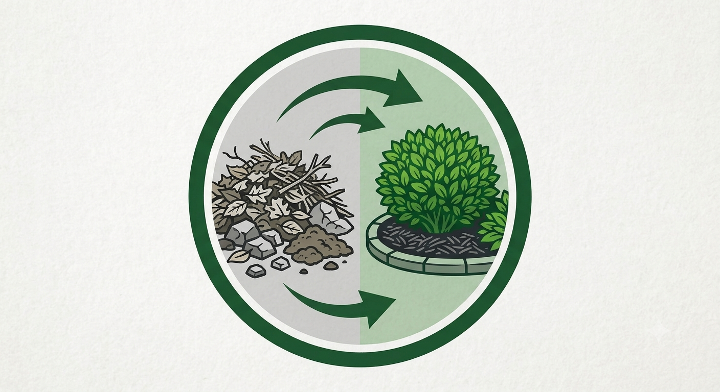 Diagram showing composting process with compost pile on the left and healthy plants on the right, connected by circular arrows.