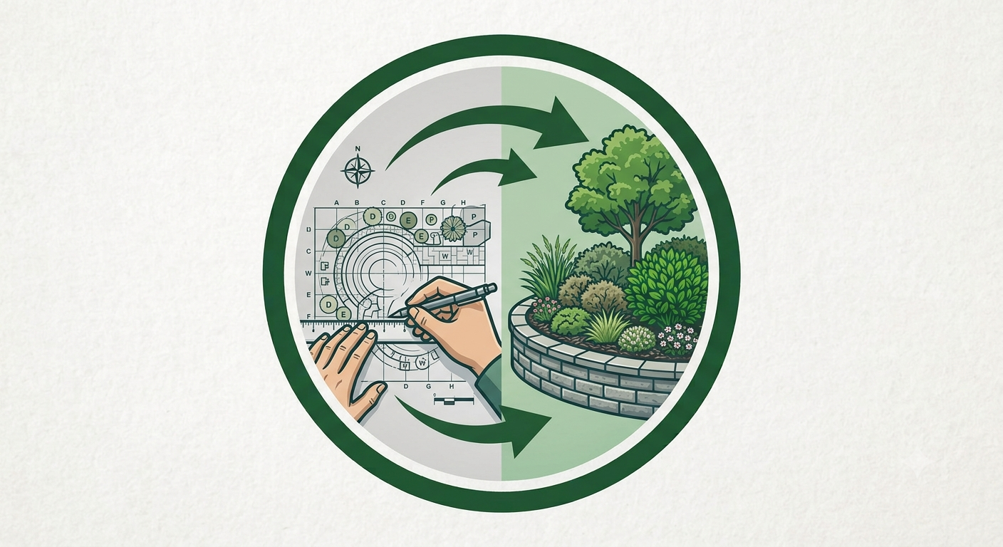 Illustration of landscape design process showing hands drawing a garden layout with blueprints, plants, trees, and a brick border for a garden bed, surrounded by a circular green arrow.