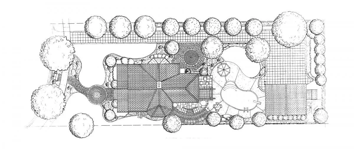 A detailed landscape design plan for a backyard yard with trees, a house, a circular seating area, a driveway, a swing set, a pool with a slide, and paved walkways.