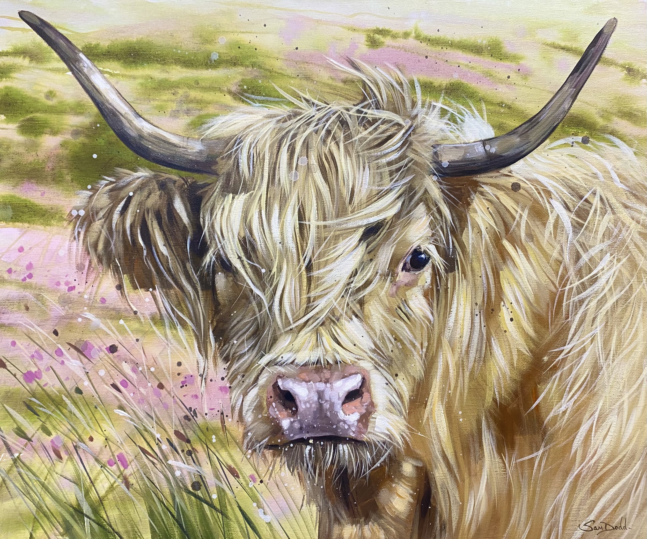 Watercolor painting of a Highland cow with large horns, long light-colored hair, and expressive eyes, set against a pastel background with greens, pinks, and splashes of color.