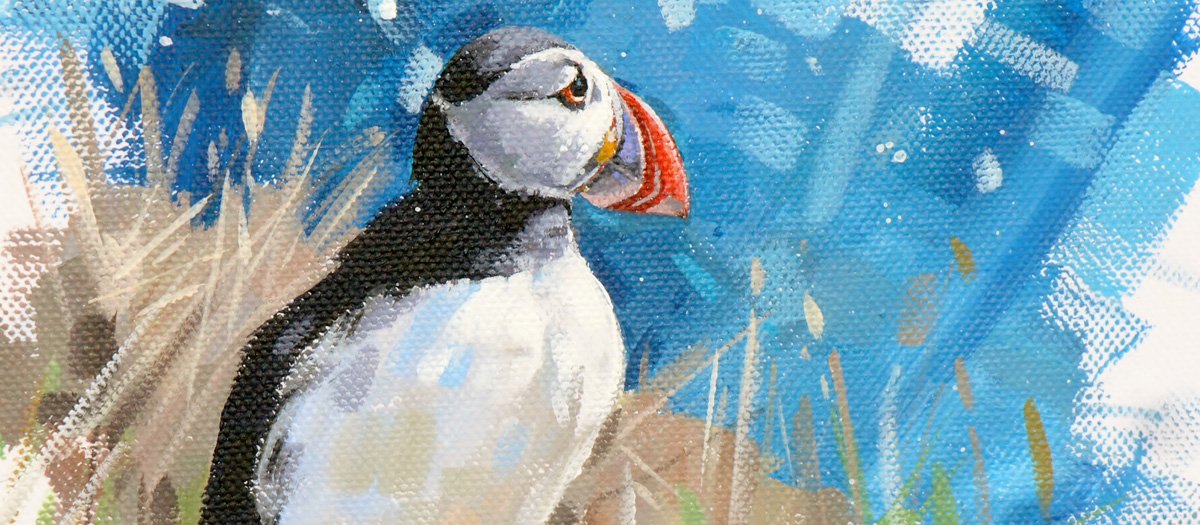 Painting of a puffin bird standing on rocks with blue sky and grass in the background.