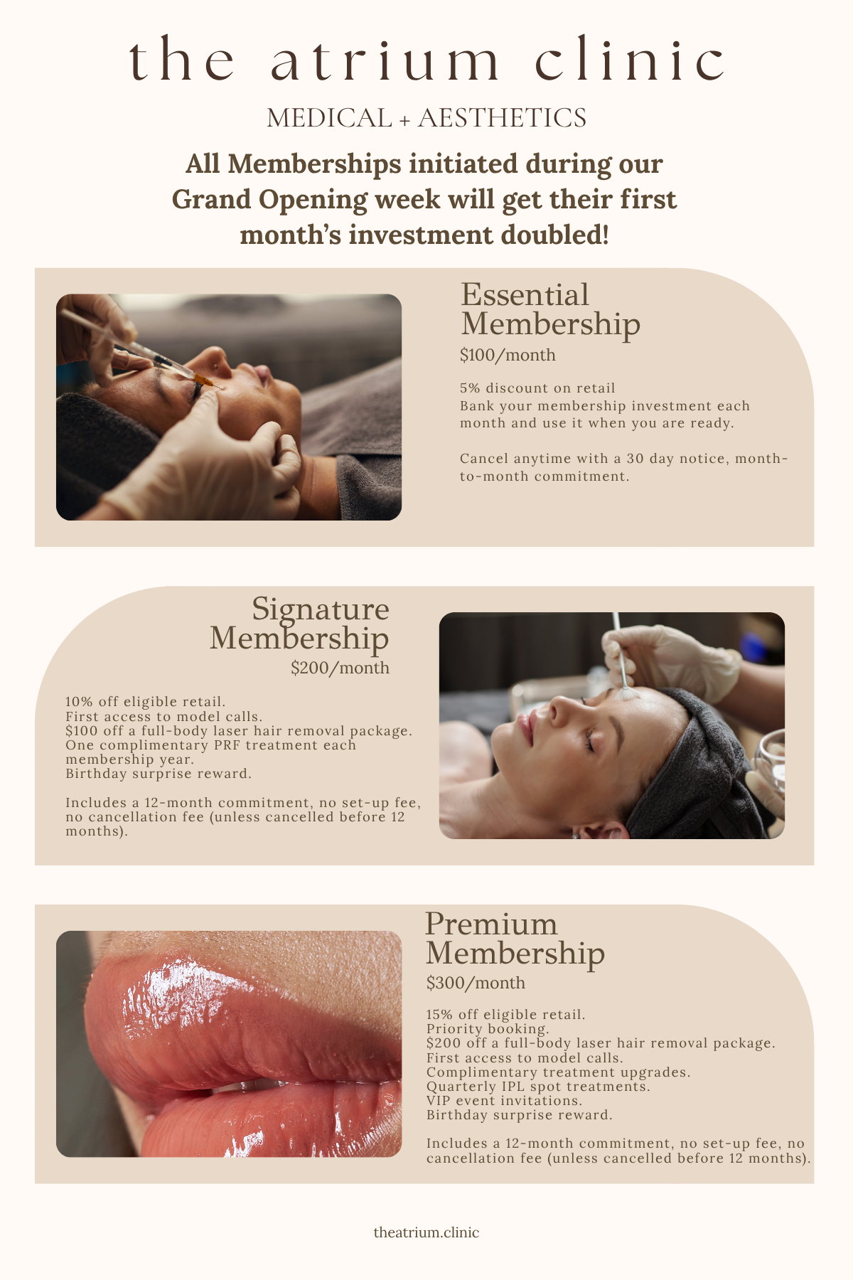 Promotional flyer for the Atrium Clinic featuring membership packages for medical and aesthetic treatments, including Essential, Signature, and Premium memberships, with pricing, discounts, and benefits.