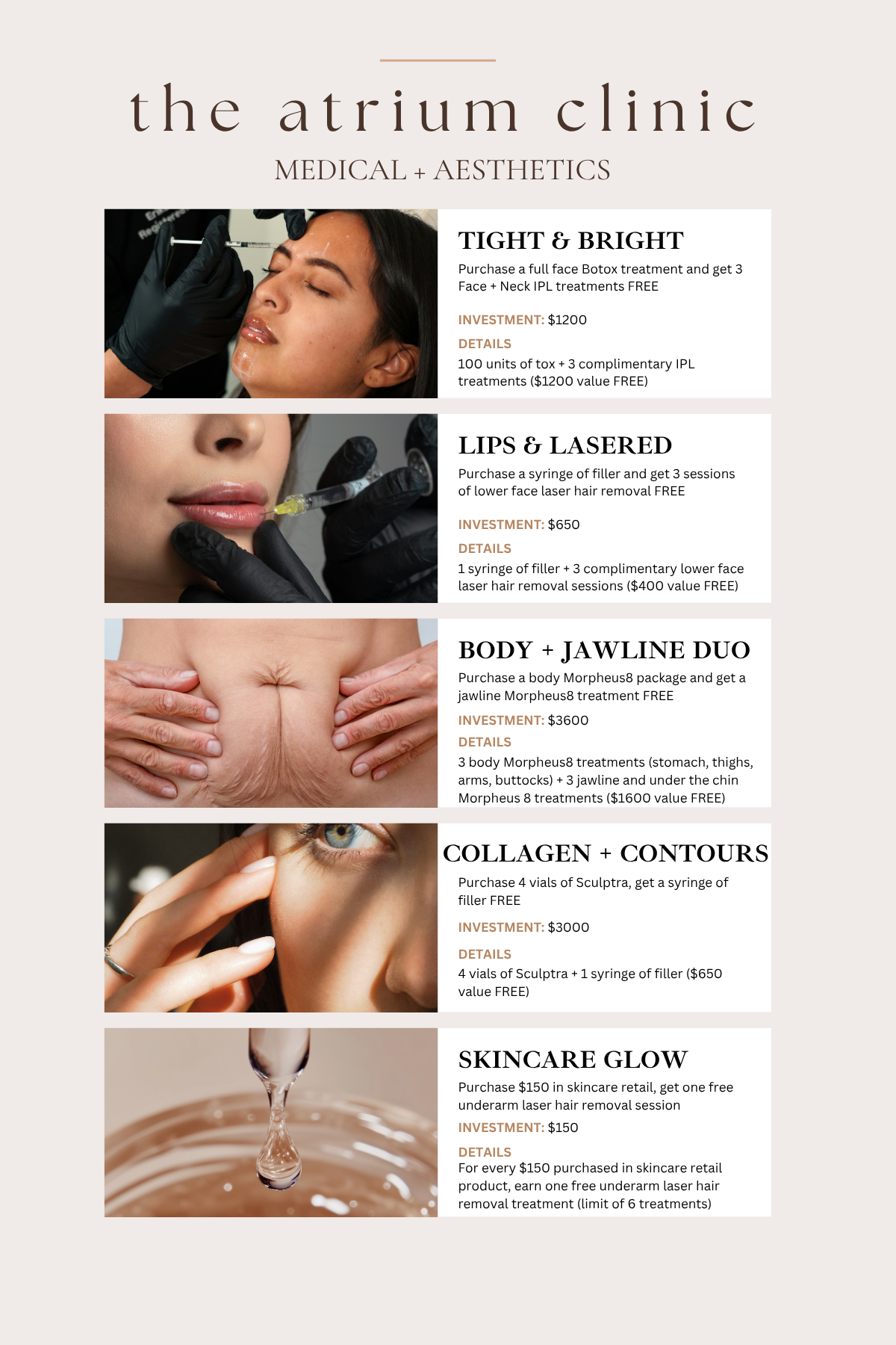 Promotional flyer for The Atrium Clinic offering medical and aesthetic services, including Botox, lip fillers, body and jawline treatments, collagen and contours, skincare, with photos of procedures and close-ups of faces and skin.