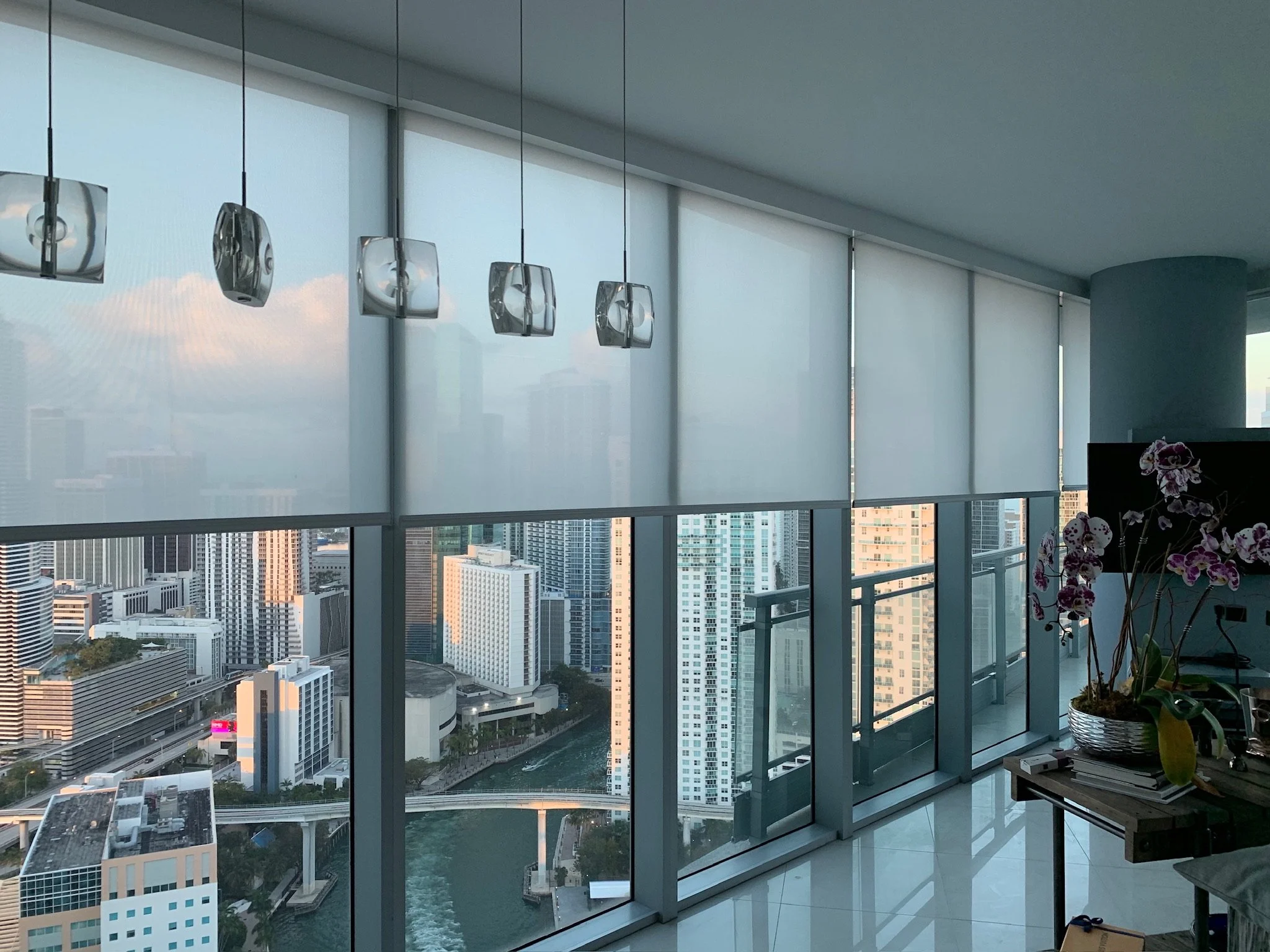 View of a city skyline from a high-rise apartment with large floor-to-ceiling windows, displaying numerous tall buildings, some with rounded and rectangular shapes, and a river or canal below. There are cars on the roads and a few plants and furniture inside the apartment.