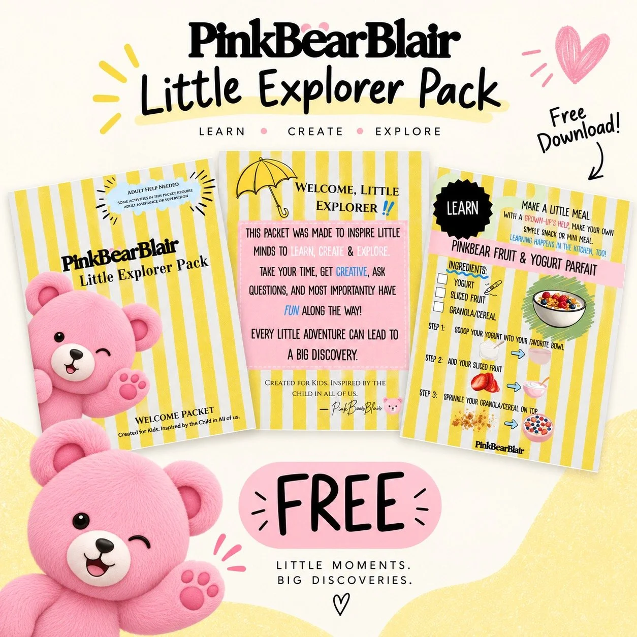 PinkBearBlair Little Explorer Pack, a free children's learning activity packet.