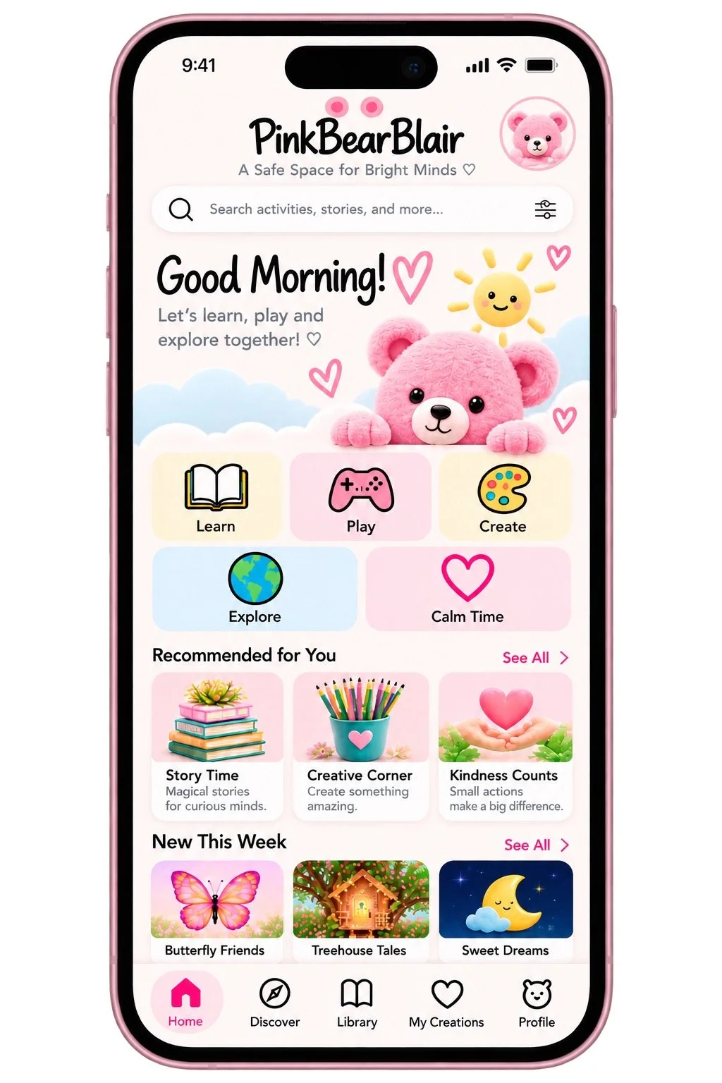 Preview of the upcoming PinkBearBlair children's app for learning, play, creativity, and exploration