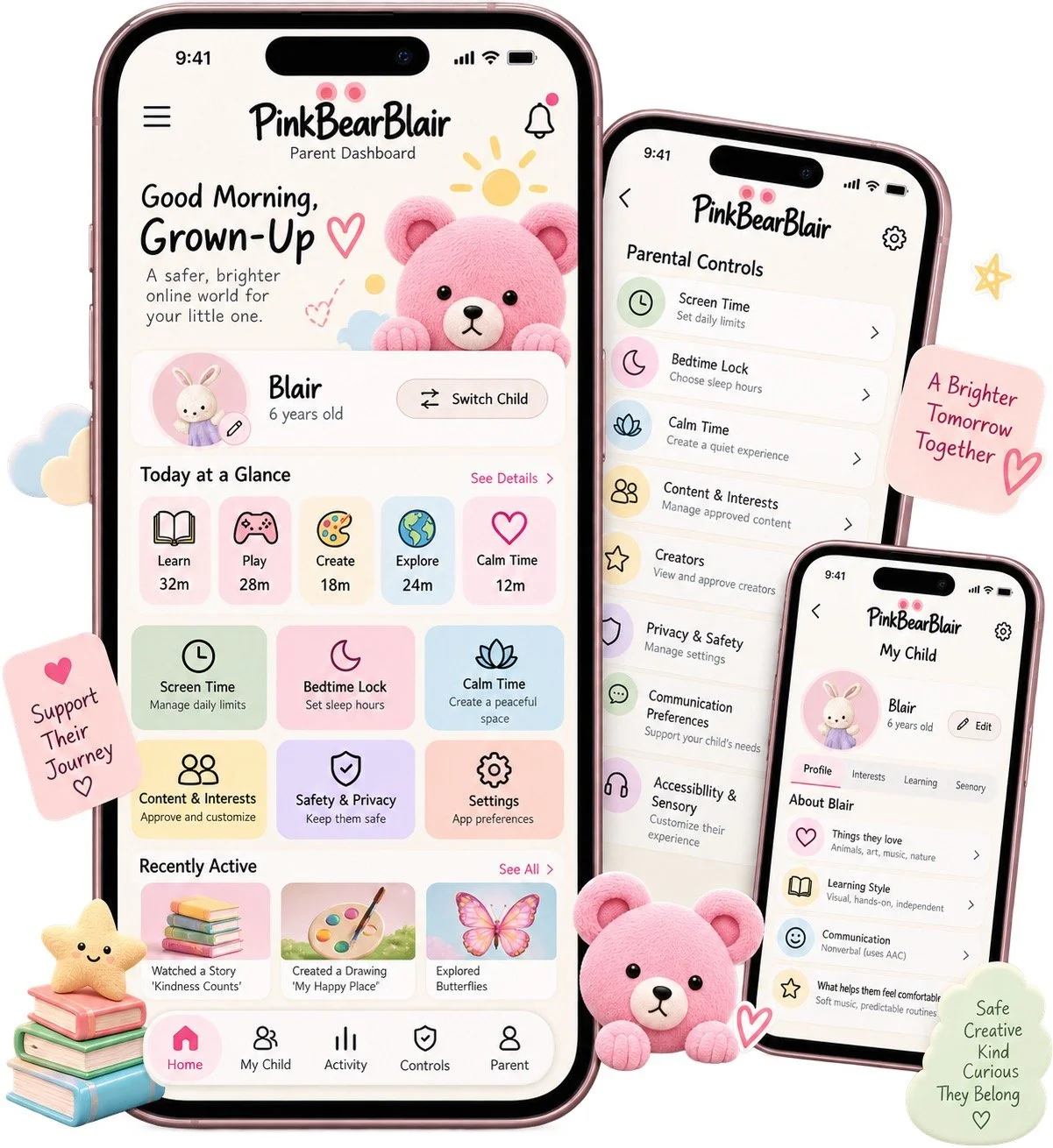 Preview of the PinkBearBlair parent dashboard and parental controls, designed to support safe, age-appropriate learning and play for children.