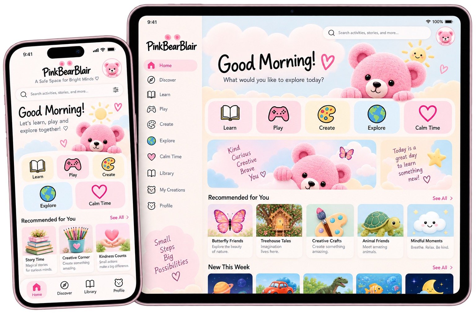 Preview of the upcoming PinkBearBlair children's app on phone and tablet, featuring learning, play, creativity, exploration, and calming activities.