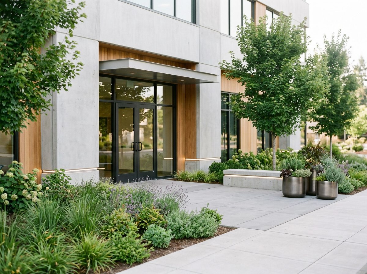 Modern building entrance with glass doors, surrounded by landscaped greenery including trees and potted plants.